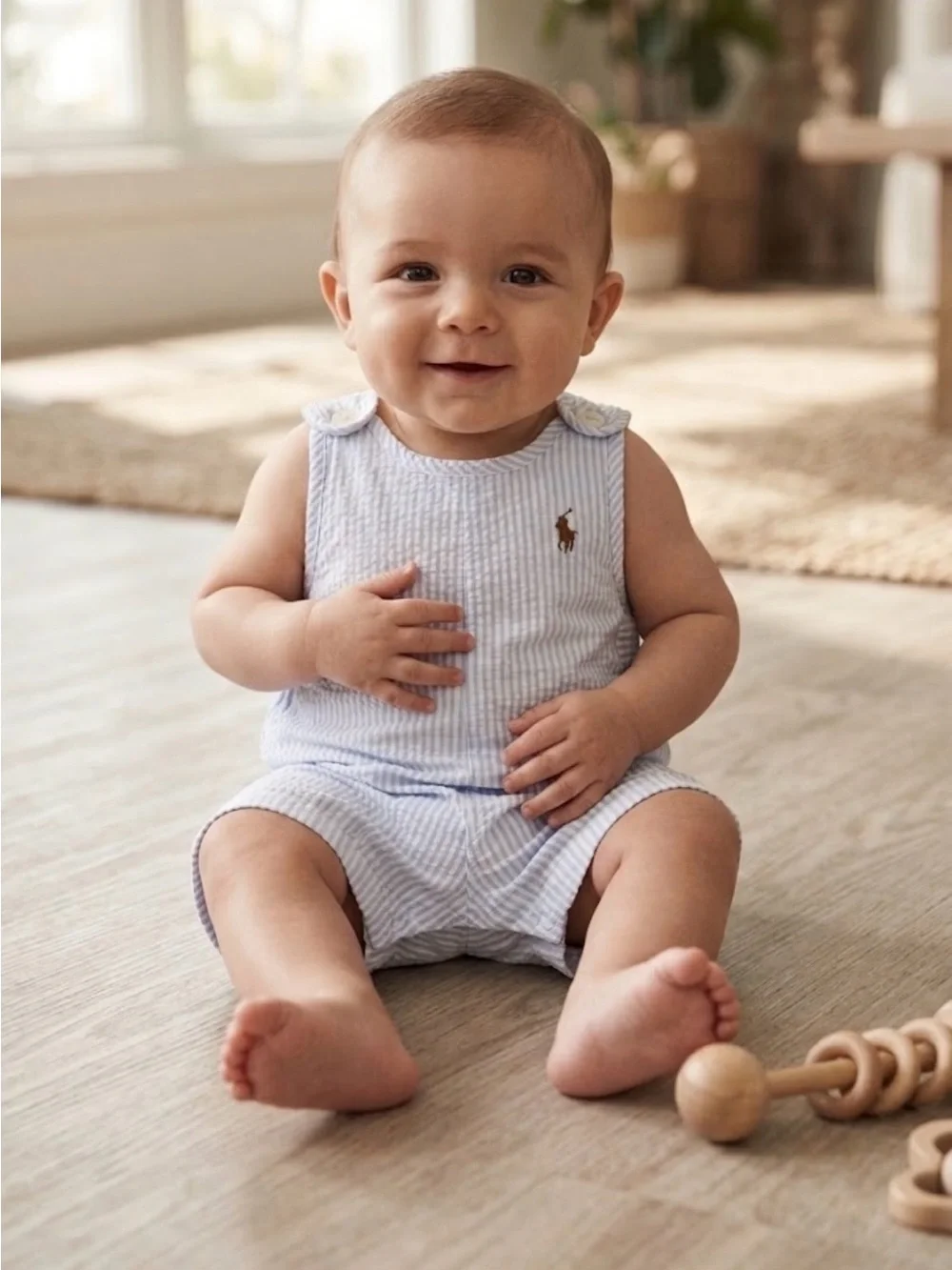 Ralph Lauren Light Blue & White Striped Baby Romper 3 months